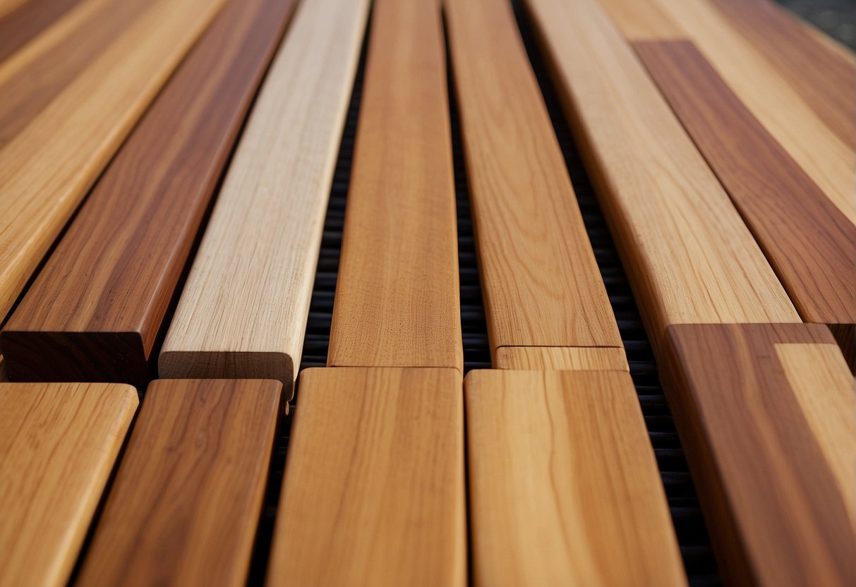 A variety of wood finishes are displayed on outdoor furniture, including teak, cedar, and mahogany. Each type is labeled with its durability and best use