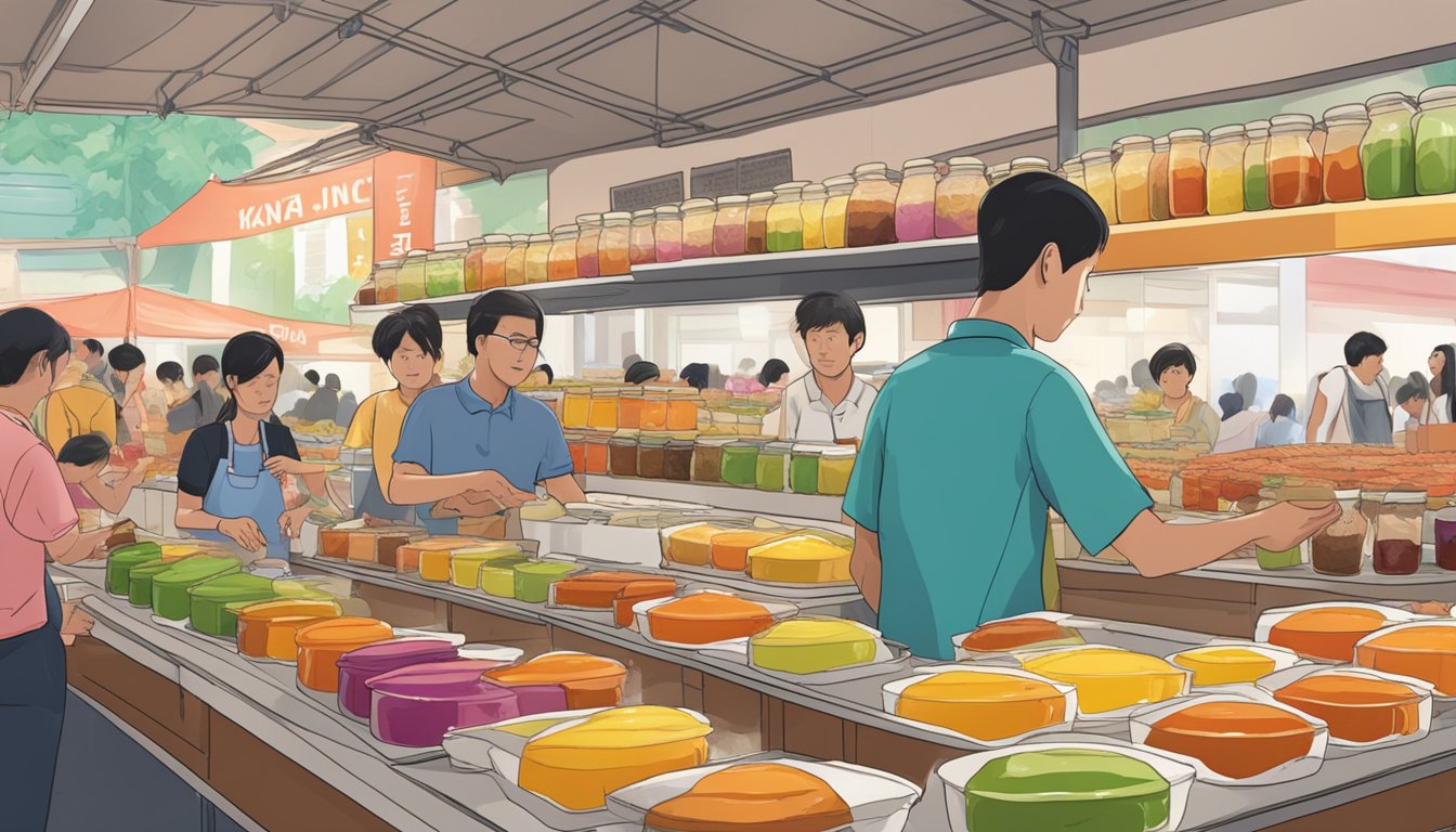 A bustling Singaporean market stall displays rows of colorful jars filled with kaya jam. Customers eagerly sample the sweet, creamy spread before making their purchases