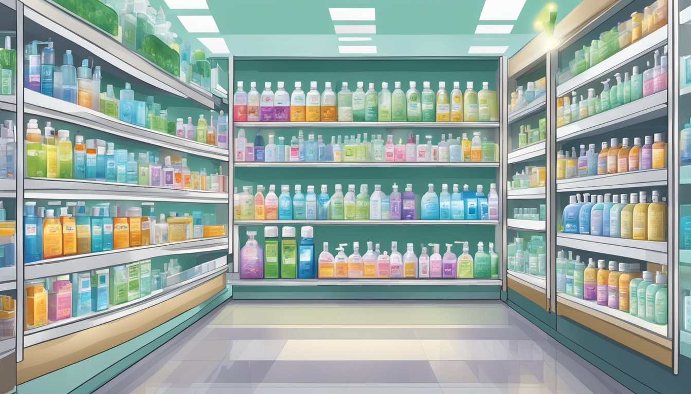 A brightly lit display of hand sanitizers in a Singaporean pharmacy, with various brands and sizes neatly arranged on shelves