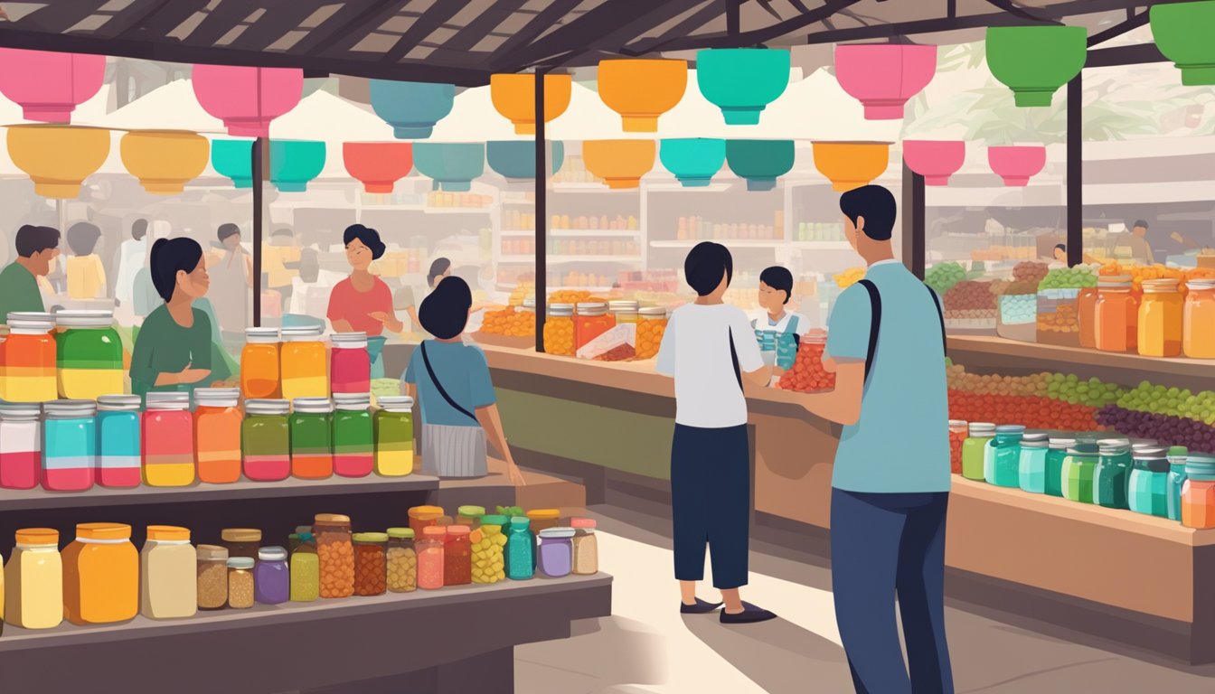 A bustling Singapore market stall with rows of colorful jars of kaya jam on display, surrounded by curious customers and a helpful vendor