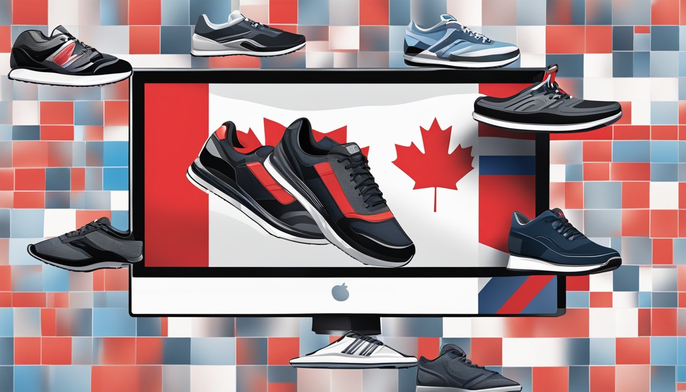 A computer screen displaying a variety of shoes with the Canadian flag in the background