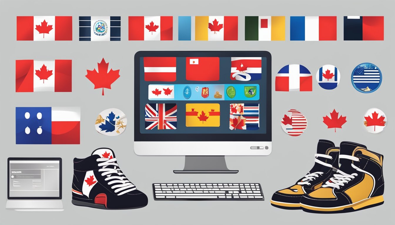 A computer screen displaying top online shoe retailers in Canada, with logos and product images, surrounded by Canadian symbols like maple leaves and the flag