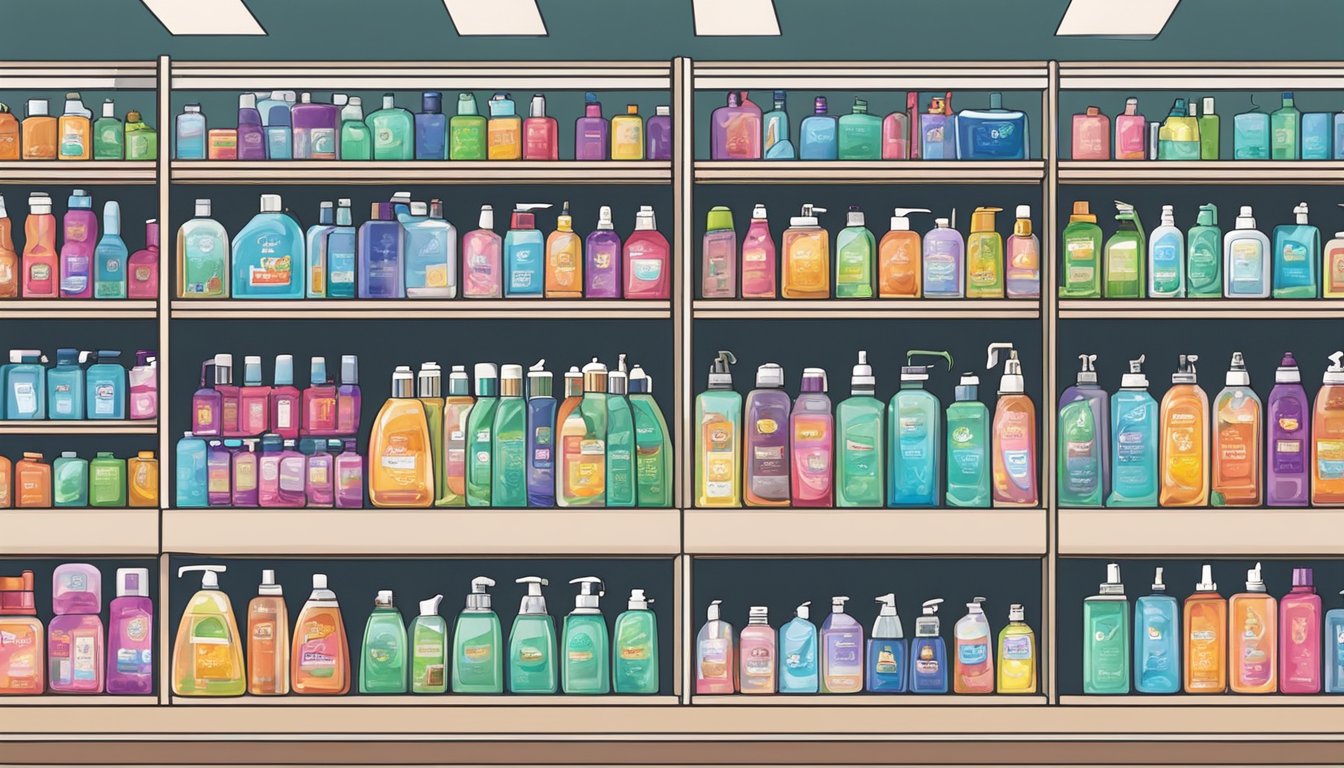 Shelves of hand sanitizers in a Singapore store. Brightly colored bottles with various sizes and brands. Shoppers browsing the selection