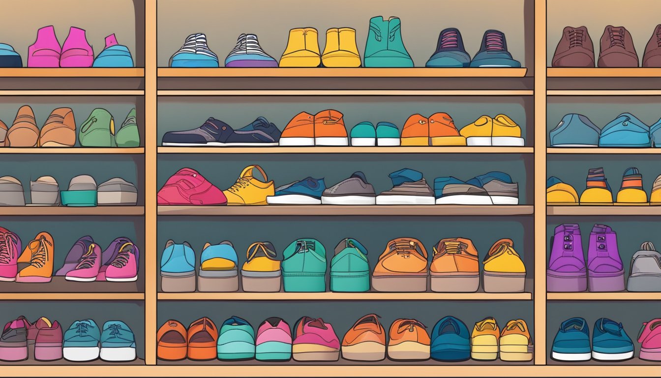 A colorful array of shoes arranged on shelves, with a variety of styles and occasions labeled. Online shopping website displayed on a computer screen in the background