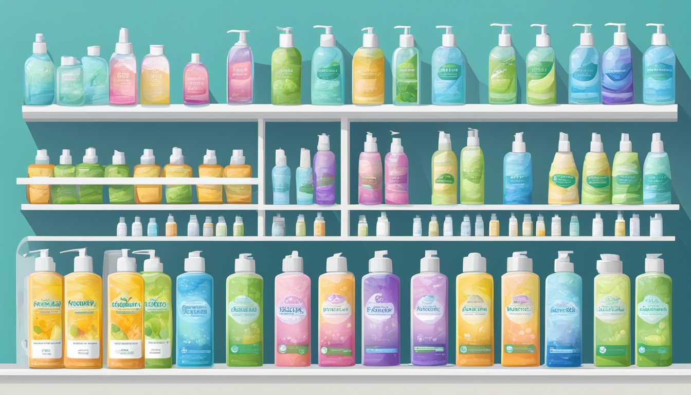 A shelf of various hand sanitizers in a store, with labels indicating "antibacterial," "alcohol-free," and "moisturizing." Brightly lit and neatly organized