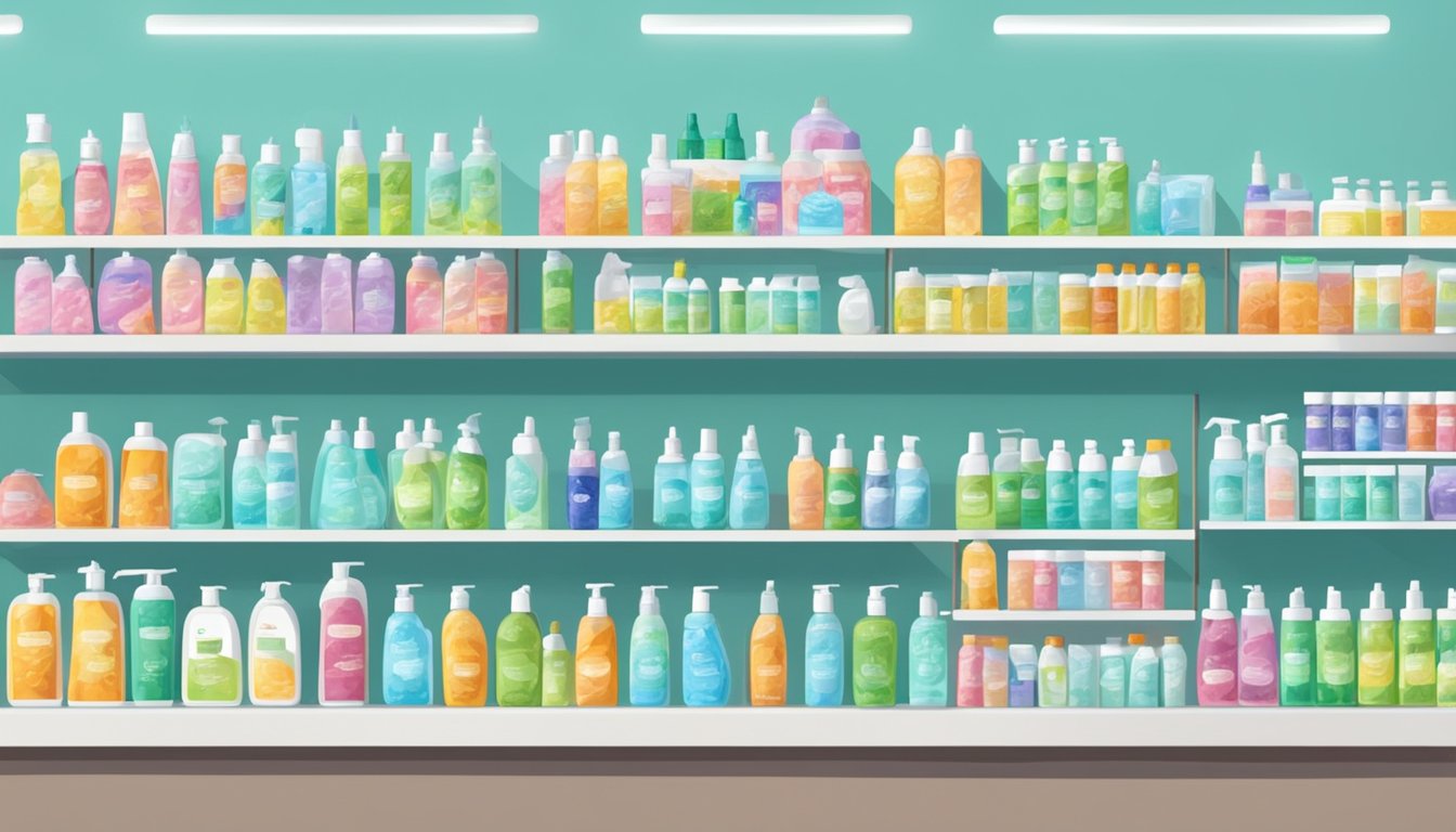 Shelves stocked with various hand sanitizers in a brightly lit store