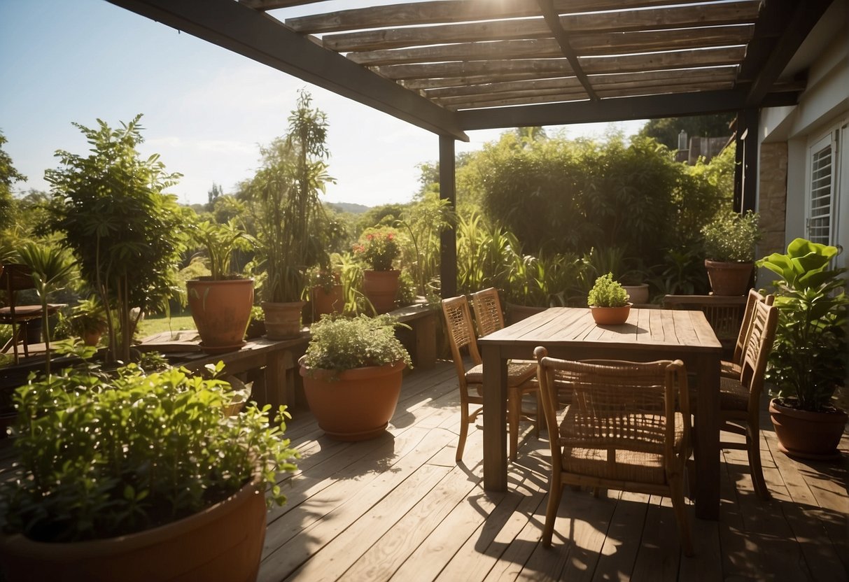 A sunny patio with a table and chairs made from teak wood, surrounded by lush greenery and potted plants. The furniture is weathered and aged, but still sturdy and functional