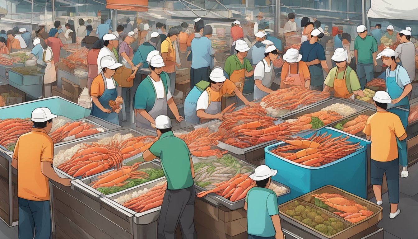 A bustling seafood market in Singapore, with vendors displaying fresh king crab legs on ice, surrounded by eager customers