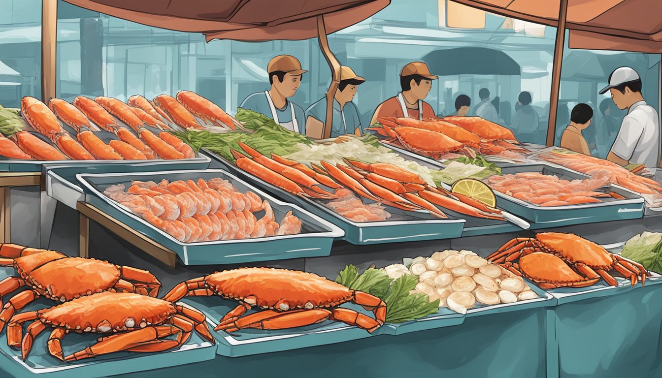A bustling seafood market with fresh king crab legs on ice, displayed in a neat row at a vendor's stall in Singapore