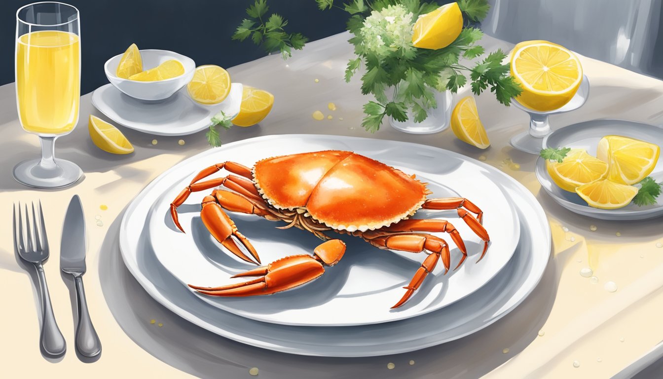 Crab legs lay on a clean, white plate surrounded by melted butter, lemon wedges, and a sprinkle of parsley. A dining table is set with elegant cutlery and a glass of chilled white wine