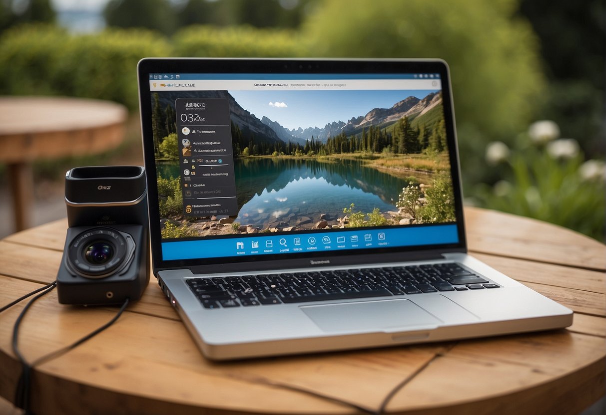 A table with a laptop, a Blink outdoor camera, and a smartphone displaying onetechz.com. A user follows step-by-step instructions to set up the camera