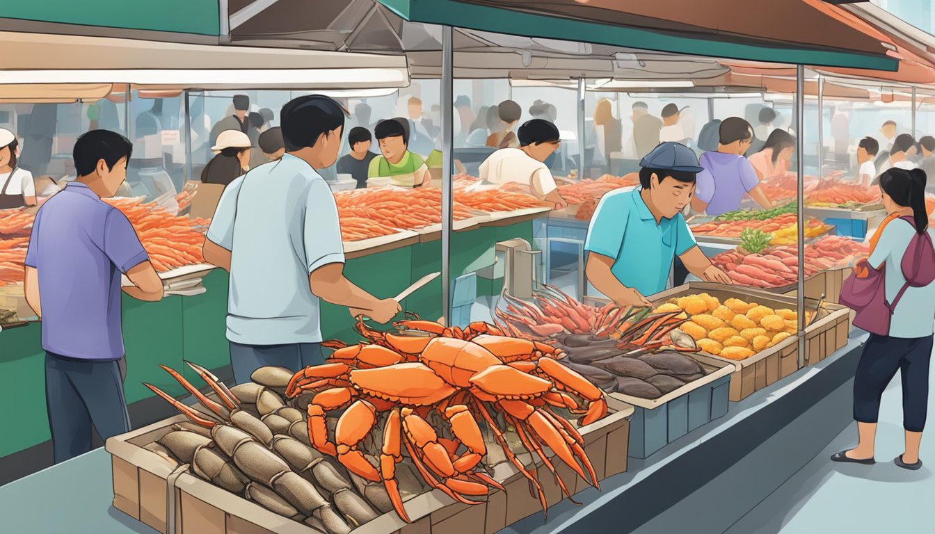 A bustling seafood market in Singapore, with colorful stalls selling fresh king crab legs. Customers eagerly inquire about purchasing the prized delicacy