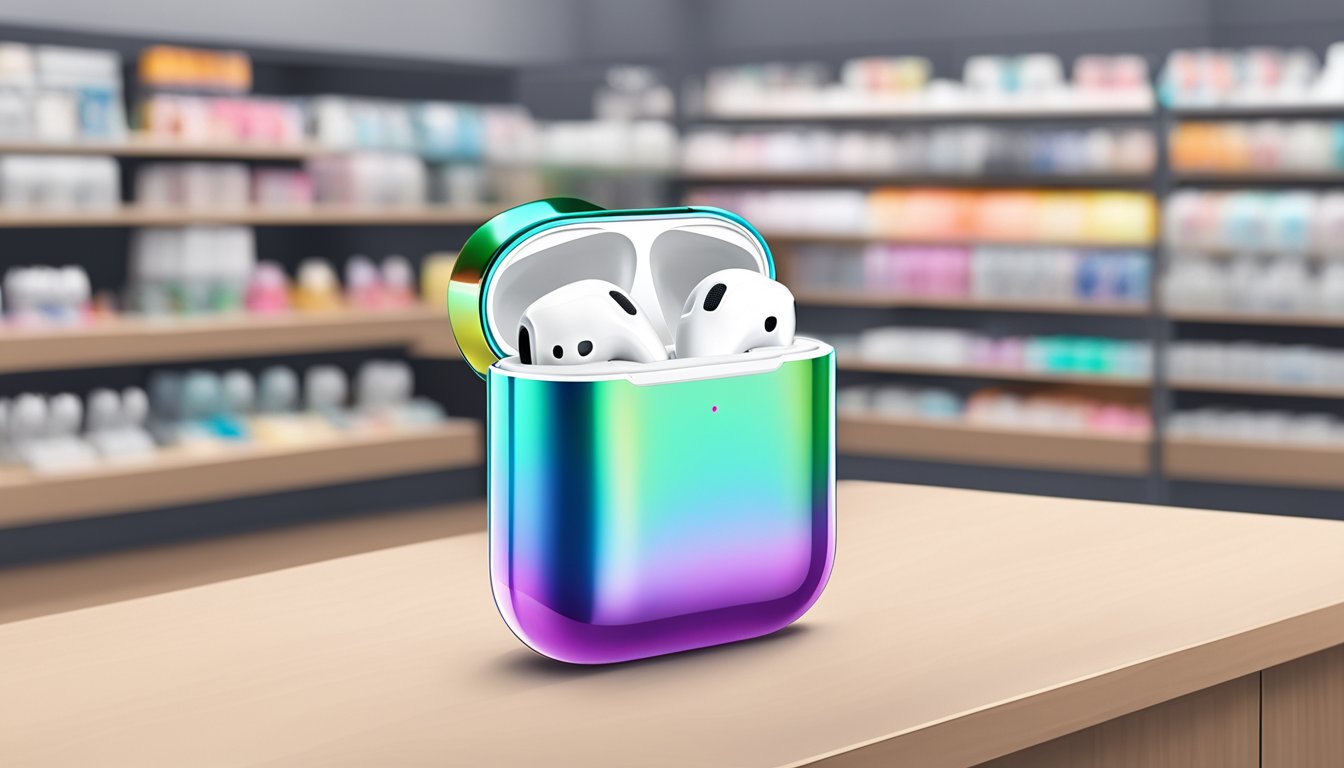 Airpods displayed on a sleek, modern store shelf in Singapore