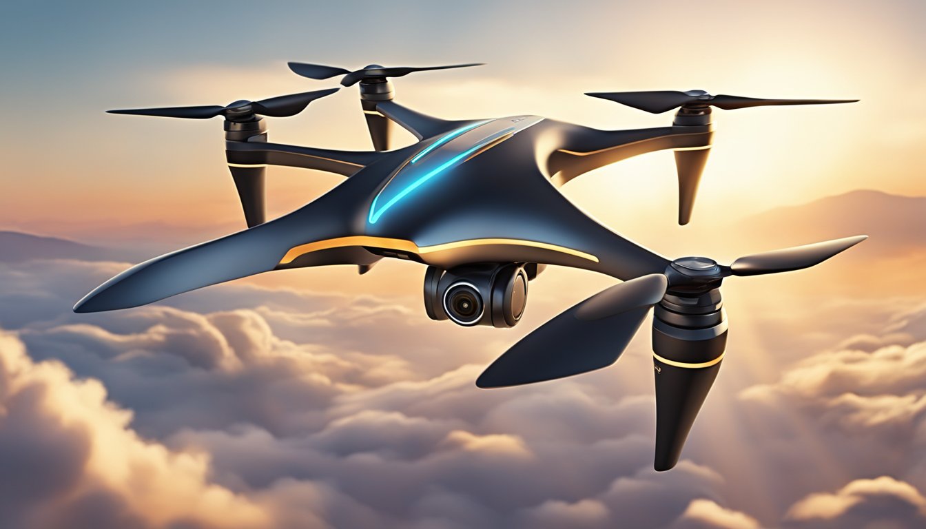 A sleek, modern drone hovers in the sky, its propellers whirring softly as it captures stunning aerial footage. The sun casts a warm glow on its metallic body, showcasing its advanced technology