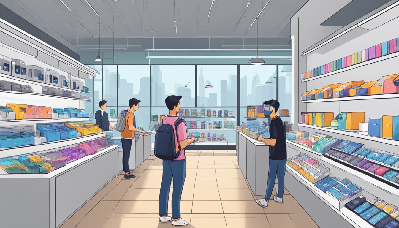 A bustling electronics store in Singapore displays shelves of AirPods for sale. Customers browse the selection, while a salesperson assists with inquiries