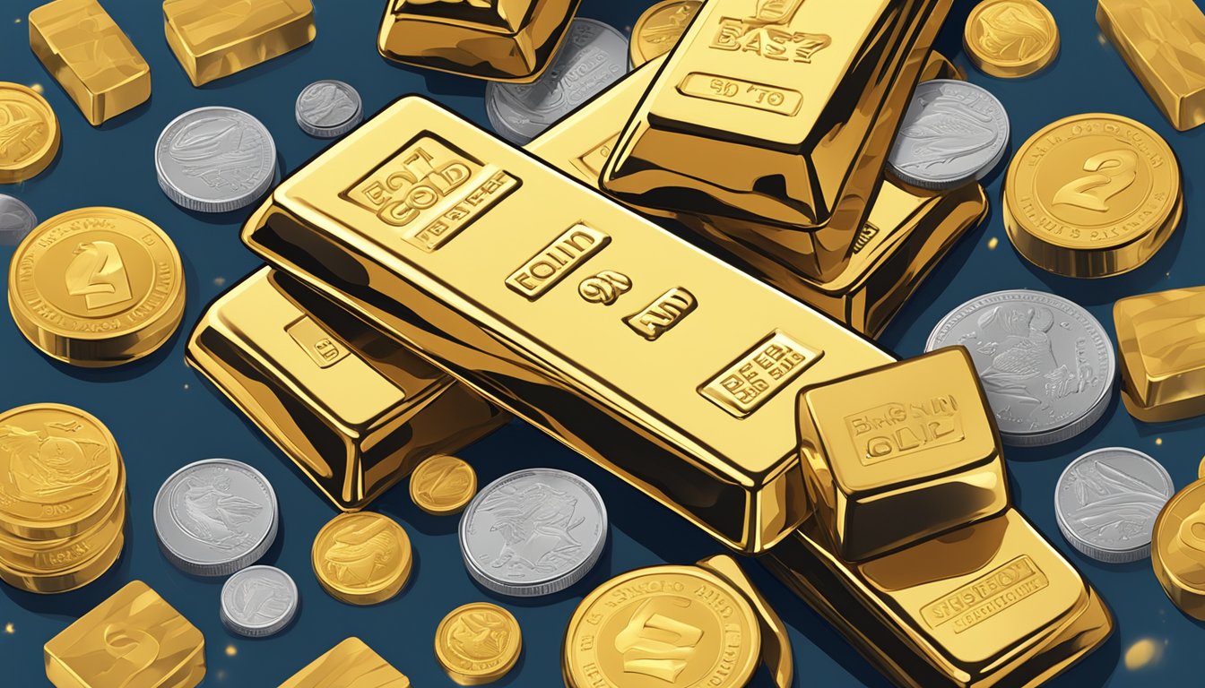 A stack of gold bars and coins with a "Frequently Asked Questions: what's the best gold to buy" sign in the background
