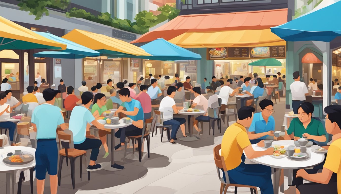 A bustling kopitiam in Singapore, with round marble tables and plastic chairs, surrounded by colorful food stalls and busy customers
