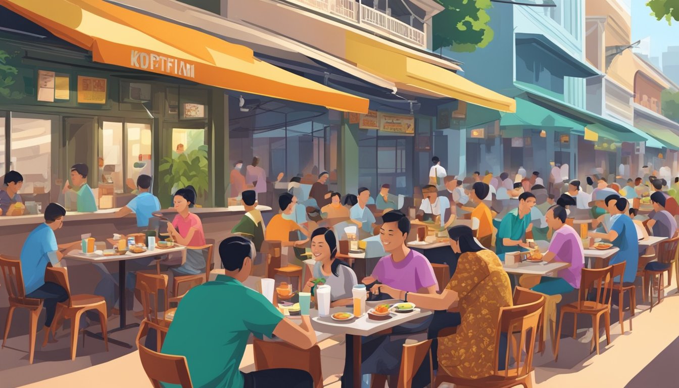 A bustling kopitiam in Singapore, with colorful tables and chairs, filled with locals enjoying their meals and drinks. The aroma of coffee and sizzling food fills the air