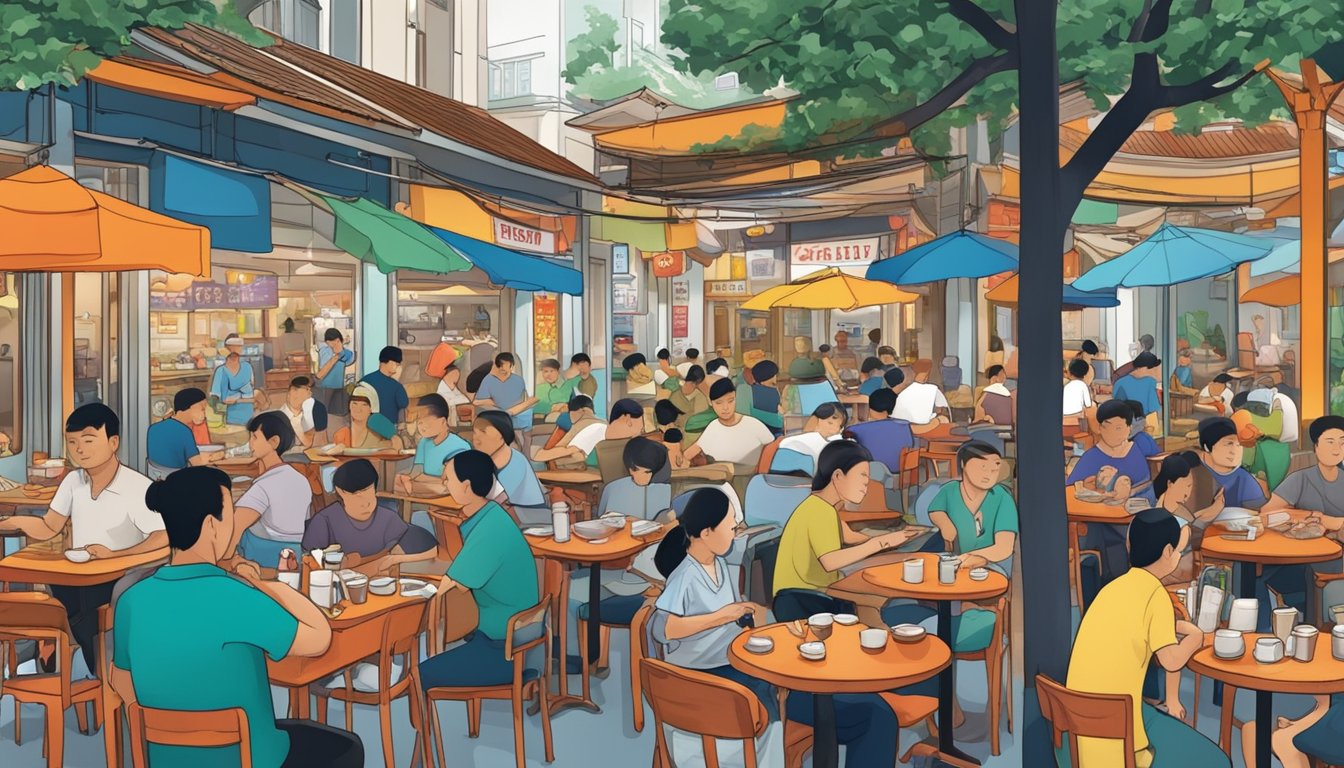 A bustling kopitiam with colorful tables and chairs, surrounded by vendors selling traditional kopitiam tables in Singapore