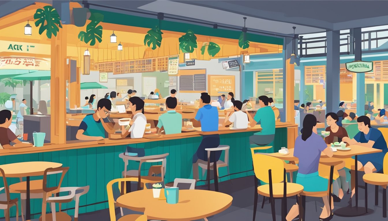A bustling kopitiam in Singapore, with colorful tables and chairs, customers chatting and enjoying their meals, and a sign promoting "Frequently Asked Questions" about where to purchase the iconic kopitiam tables