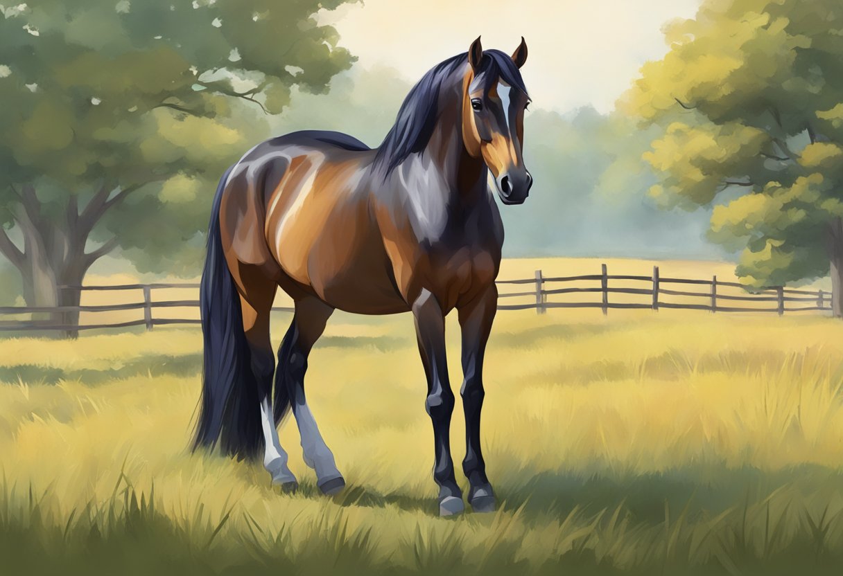 A calm horse stands in a quiet, open field. A trainer gently introduces new objects and sounds, while offering reassuring praise