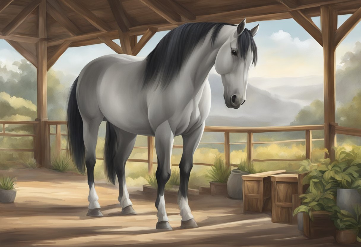 The horse stands calmly in a spacious, quiet environment. A variety of unfamiliar objects and sounds are introduced gradually, allowing the horse to adjust and become desensitized over time