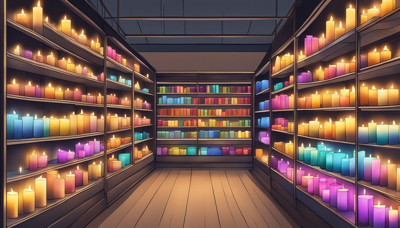 A cozy home decor store in Singapore displays shelves of LED candles in various sizes and colors
