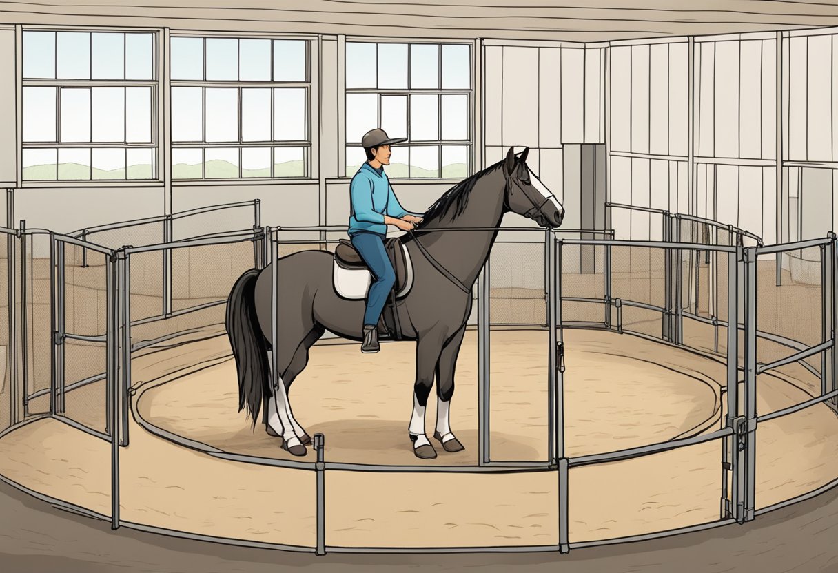 A horse stands in a round pen, ears forward, as a trainer introduces new objects and sounds. The trainer observes the horse's reactions and adjusts the desensitization strategies accordingly