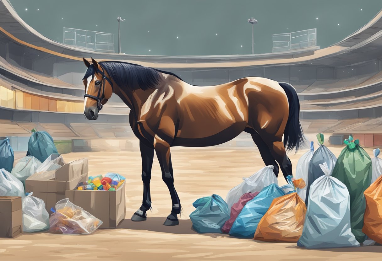 A horse standing calmly in a spacious, enclosed area, surrounded by various objects and stimuli such as plastic bags, umbrellas, and loud noises