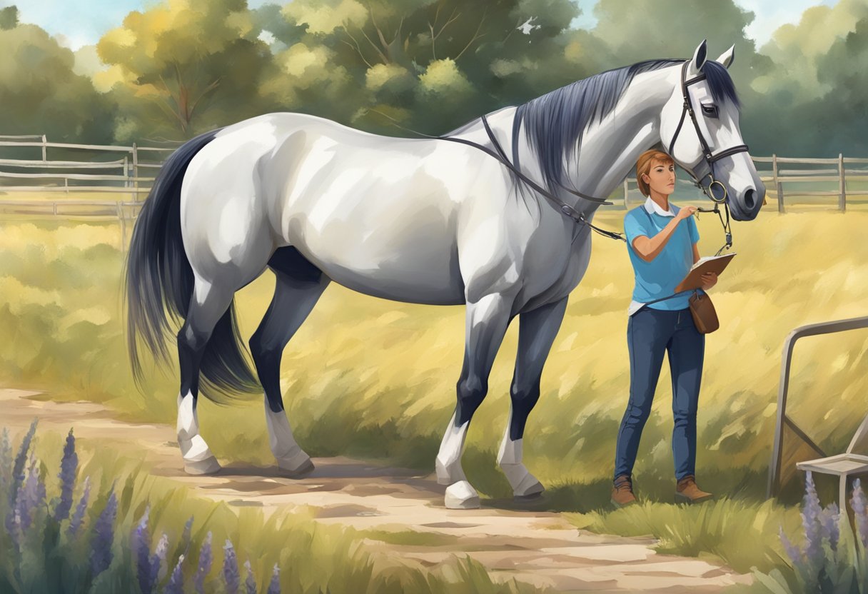 A horse standing calmly in a field, surrounded by various objects and noises, while a trainer calmly and confidently guides the horse through the new experiences