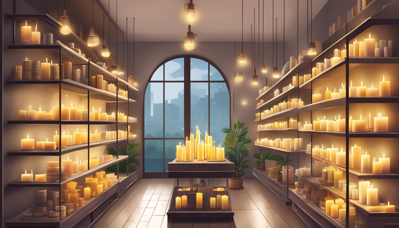 A cozy home decor shop in Singapore showcases a variety of LED candles, neatly arranged on shelves with soft lighting and inviting ambiance