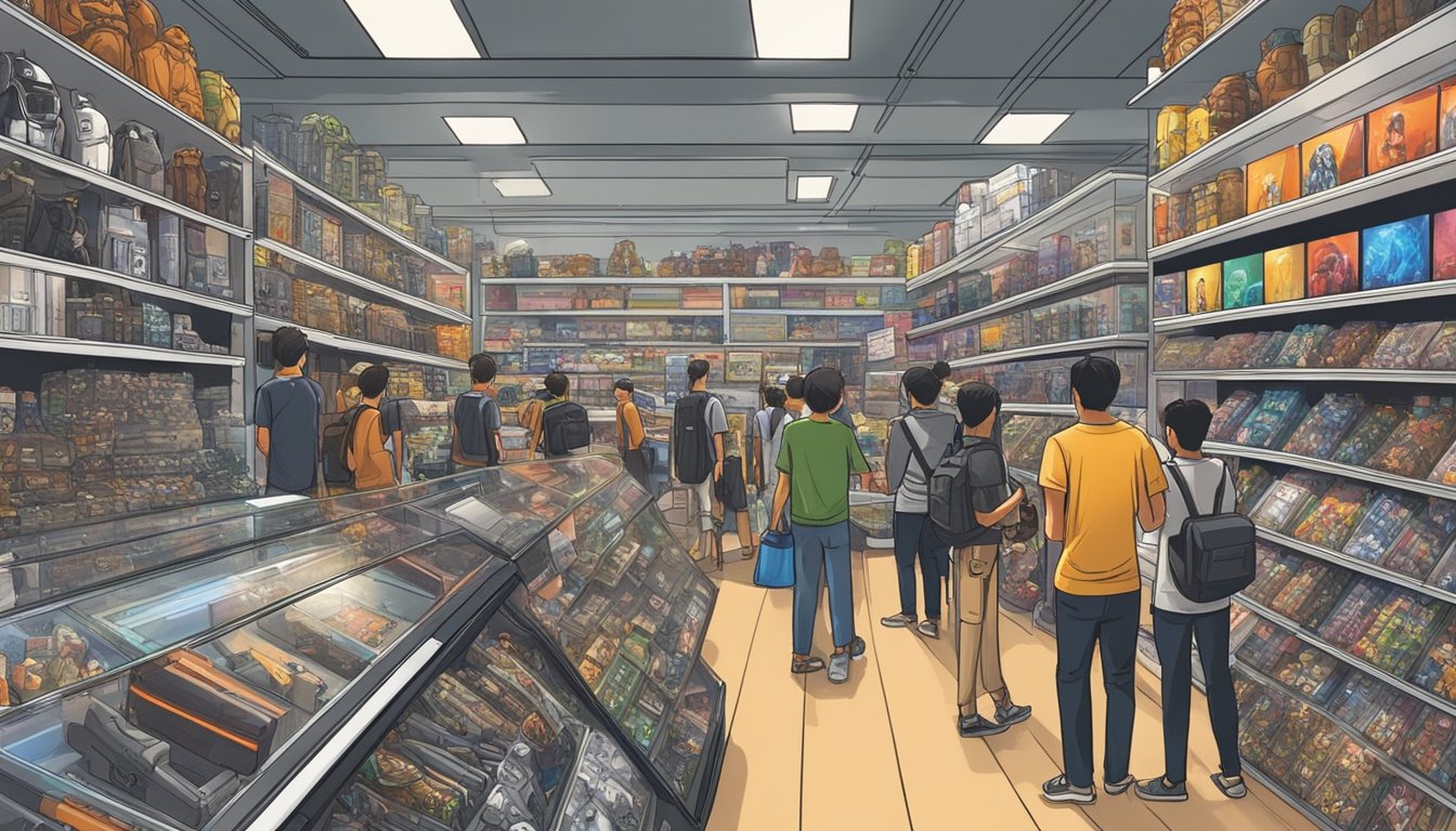 A crowded store in Singapore displays shelves of Star Wars merchandise. Shoppers browse through action figures, clothing, and collectibles