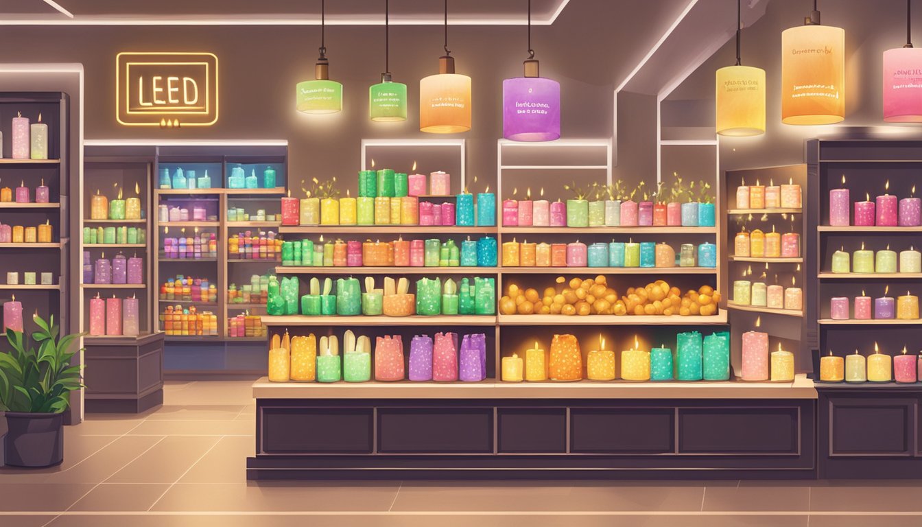 A well-lit store in Singapore displays a variety of LED candles, with a sign reading "Frequently Asked Questions: Where to buy LED candles in Singapore."