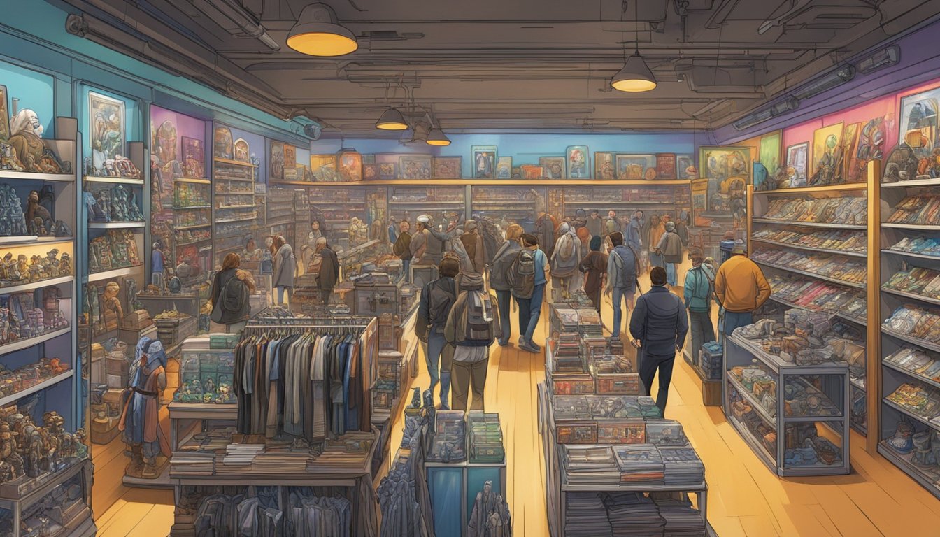 A bustling marketplace with shelves filled with Star Wars merchandise. Brightly colored posters and life-sized character cutouts adorn the walls. Customers browse through action figures, clothing, and collectibles, while the sound of iconic Star Wars music fills the air