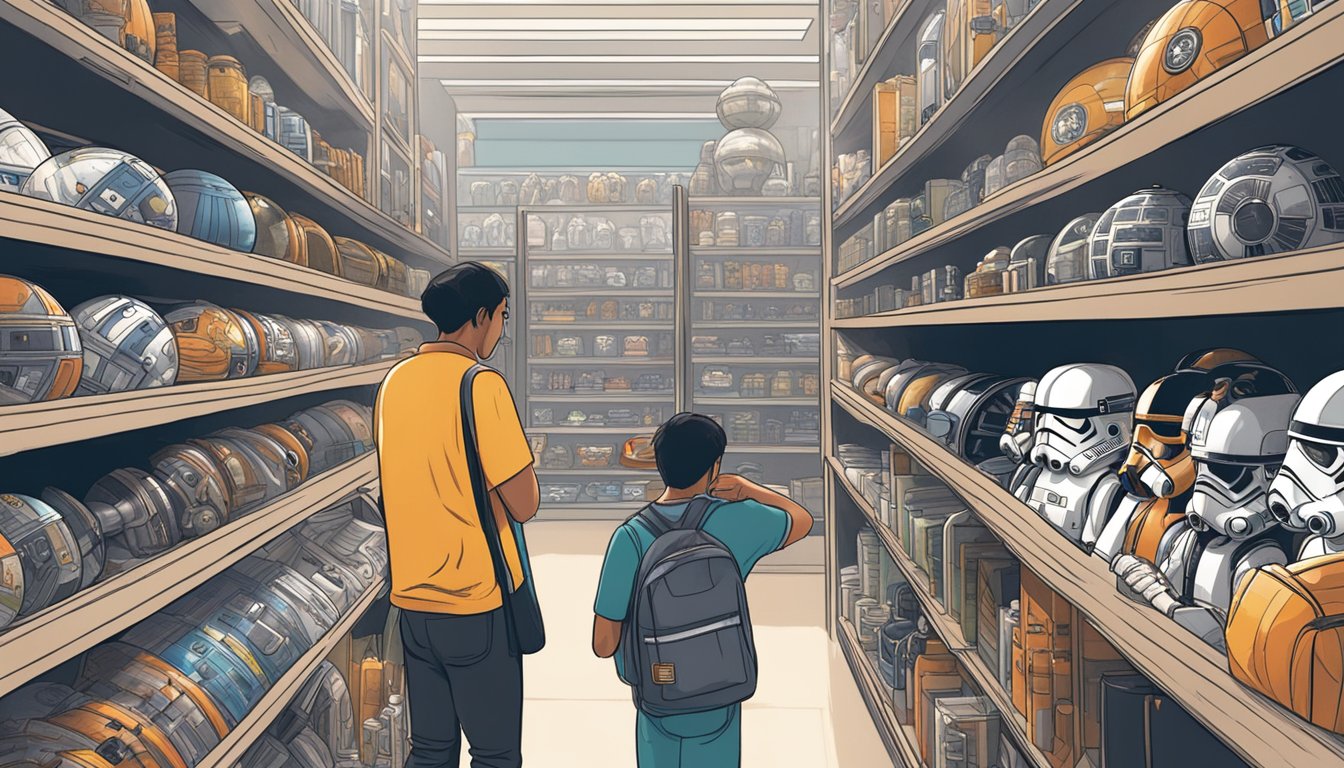 A person browsing through a wide selection of Star Wars merchandise in a Singapore store, carefully examining and comparing different items