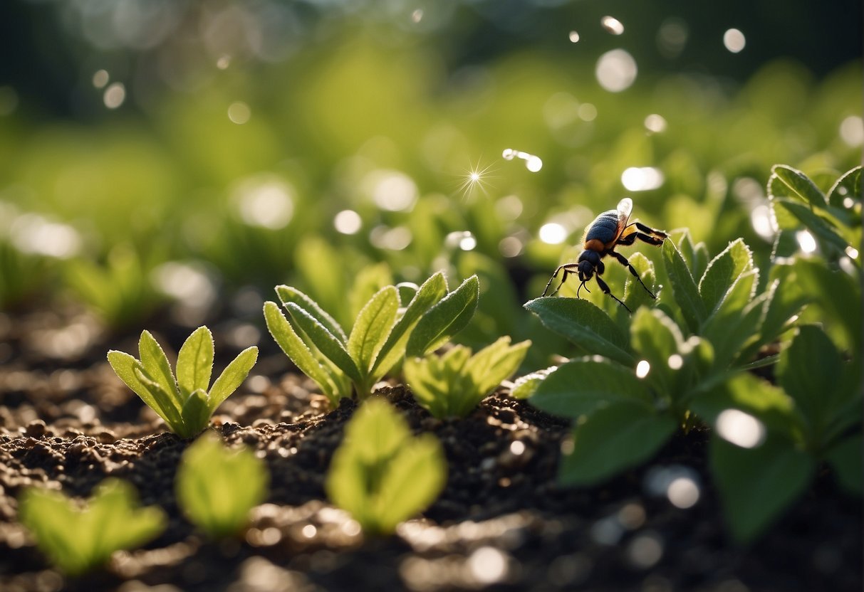 Outdoor plants sprayed with chemical pesticides, bugs fleeing from leaves and flowers, a barrier of protection forming around the plants