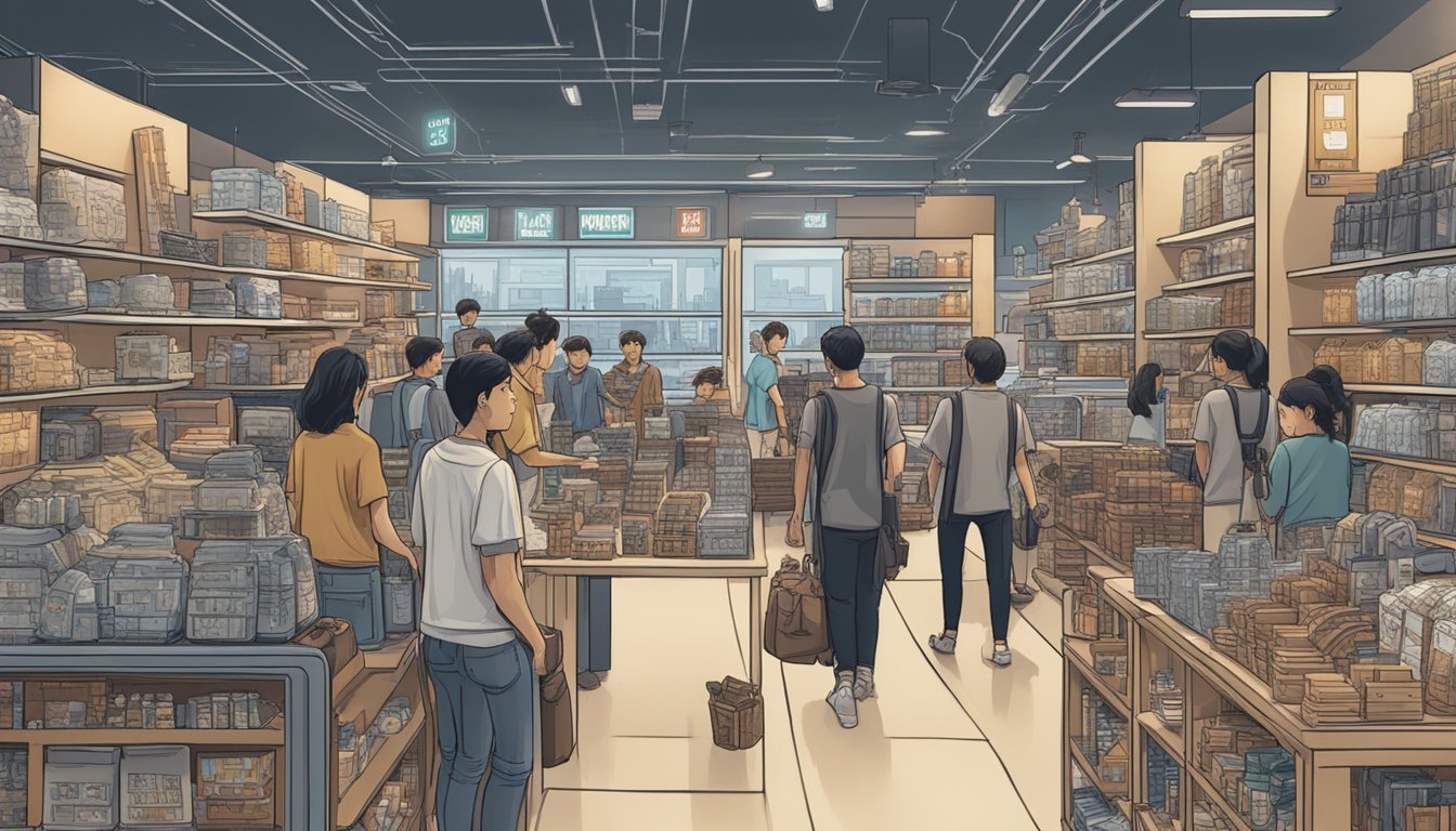 A crowded store with shelves of Star Wars merchandise, customers browsing, and a sign reading "Frequently Asked Questions: Where to buy Star Wars merchandise in Singapore."