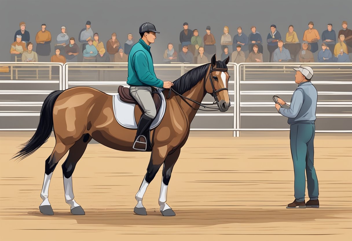 A horse stands in a round pen, ears forward, focused on a trainer holding a clicker and treats. The trainer signals commands and the horse responds with eagerness