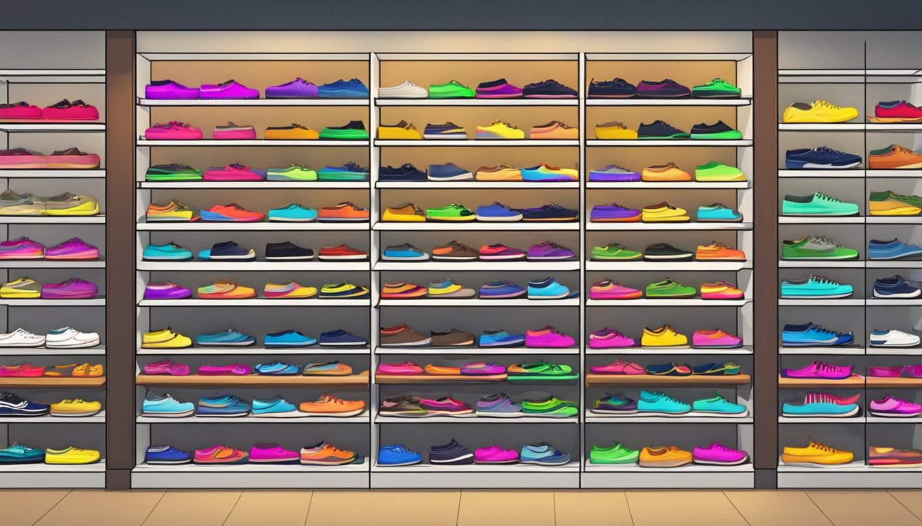 A colorful display of shoelaces arranged neatly on shelves at a shoe store in Singapore. Brightly lit with various lengths and styles available for purchase