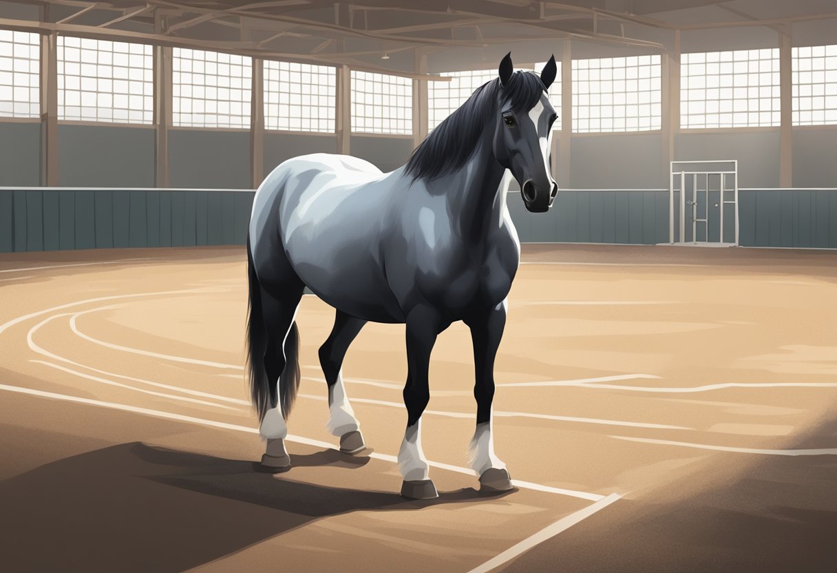 A horse stands in a spacious, well-lit training arena. A clicker and treats are visible nearby. The horse's ears are perked forward, showing curiosity and attentiveness