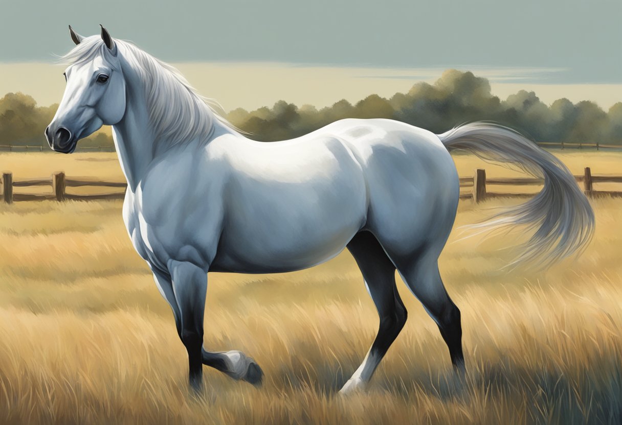 A horse stands in an open field, ears perked forward, as it hears the distinct "click" sound followed by a reward of a treat or praise from the trainer