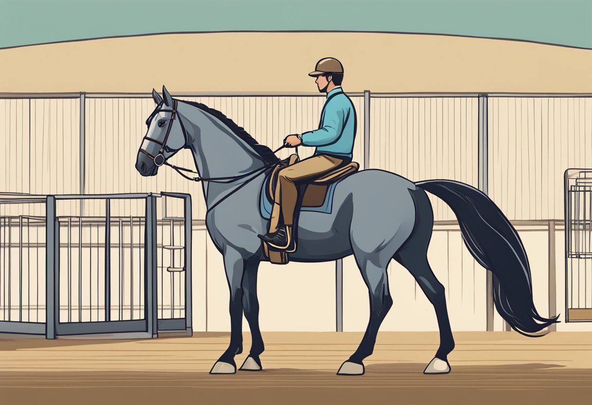 A horse stands in a round pen, ears forward, focused on a trainer holding a clicker and a treat. The trainer signals for a specific behavior, and the horse responds with precision