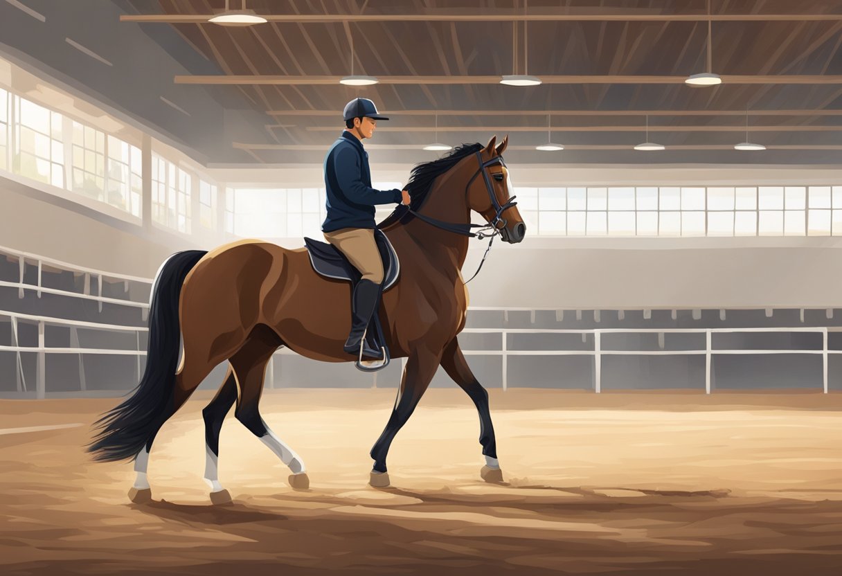 A horse stands calmly in a spacious, well-lit training arena, focused on its trainer holding a clicker. The trainer's body language exudes confidence and patience