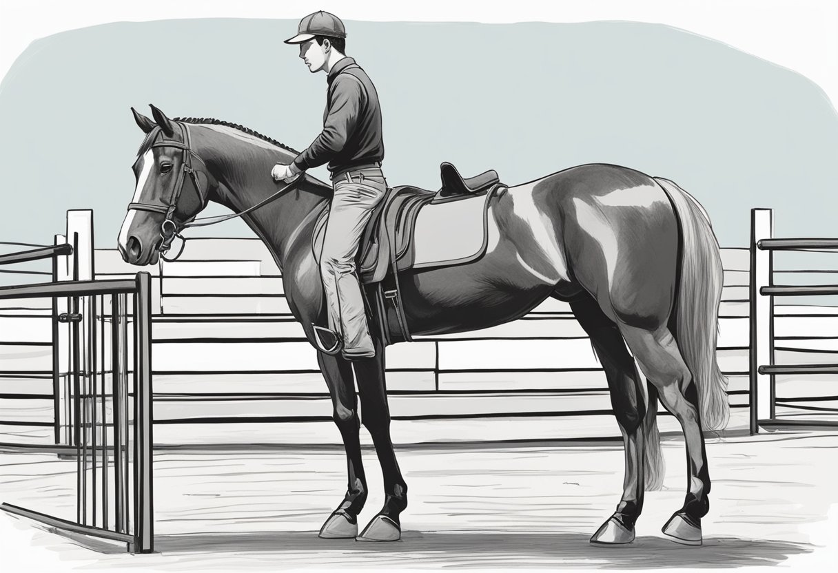 A horse stands in a round pen, ears forward, focused on a trainer holding a clicker and treats. The trainer uses the clicker to reinforce desired behaviors, while the horse learns through positive reinforcement