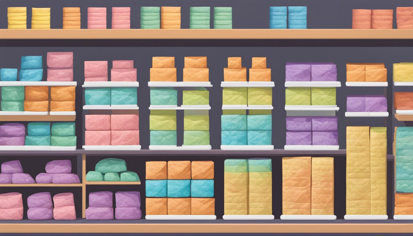 A display of air dry clay packages on shelves in a craft store in Singapore, with price tags and colorful packaging