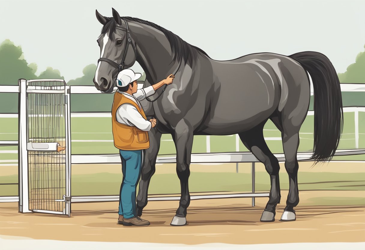 A horse stands in a round pen, ears forward, focused on a trainer holding a clicker and treats. The trainer uses the clicker to mark desired behaviors, rewarding the horse with treats