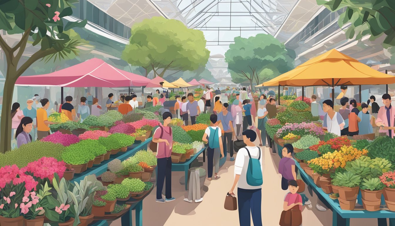 A bustling plant market in Singapore, with colorful adenium plants neatly displayed on tables, surrounded by curious customers and vendors