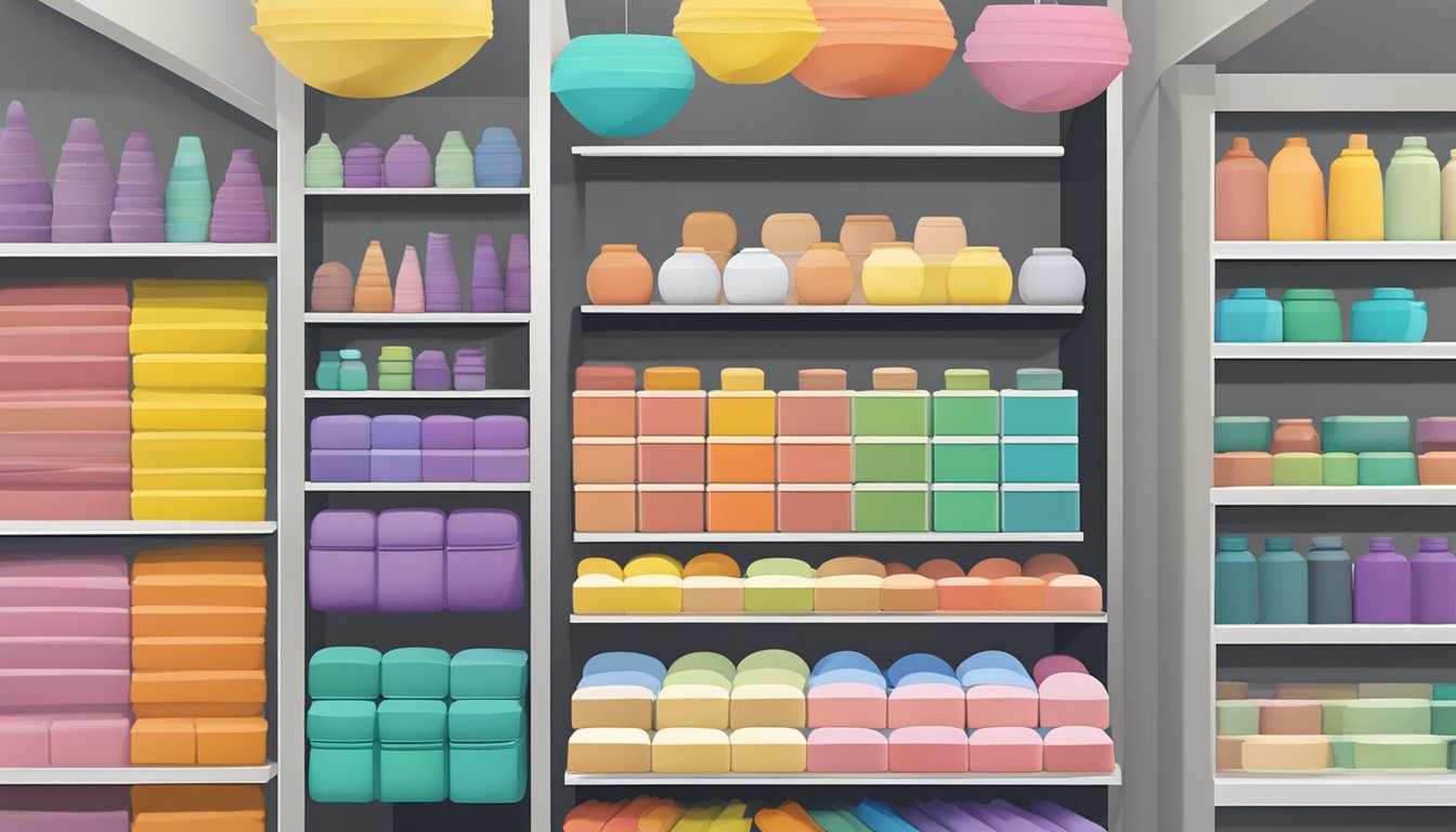 A shelf at an art supply store in Singapore displays various brands of air dry clay in different colors and sizes