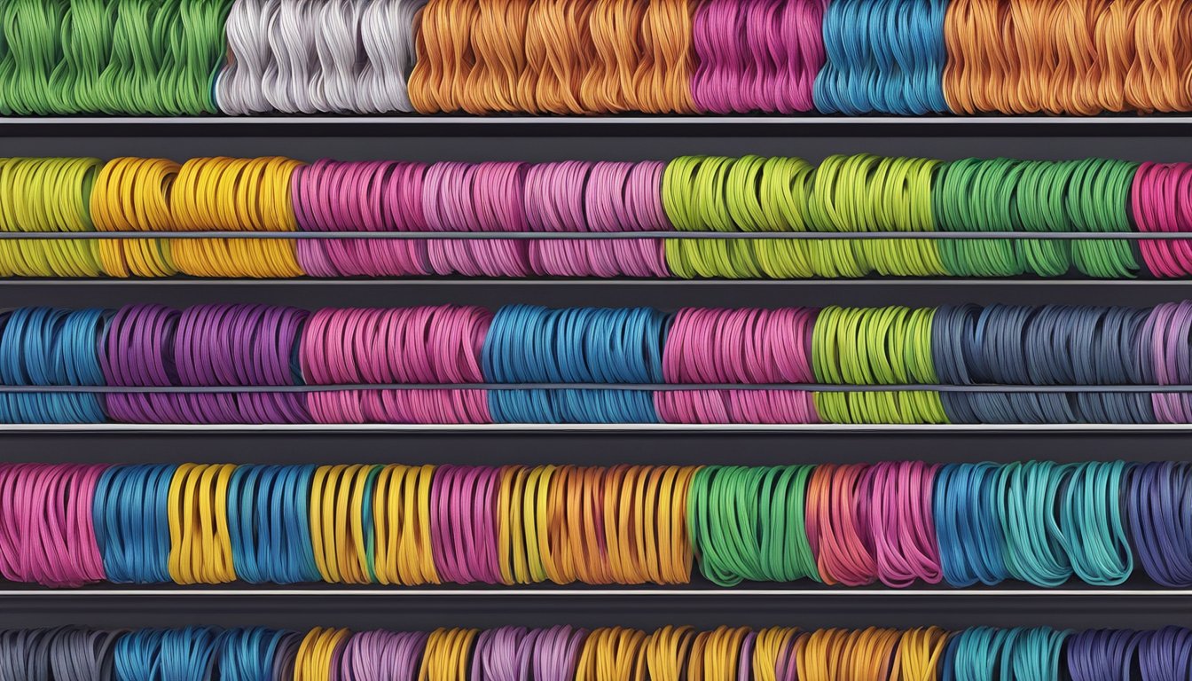 A display of colorful shoelaces arranged neatly on shelves in a Singapore store