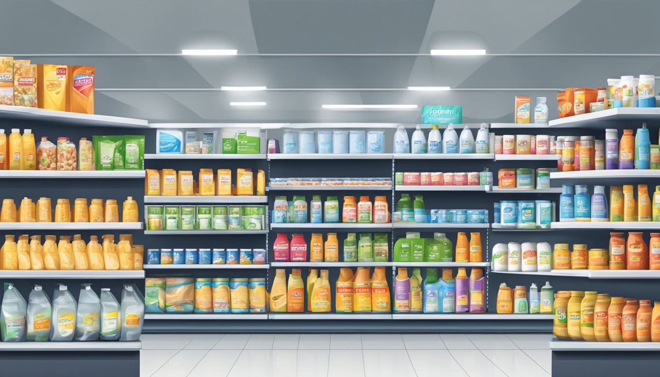 A store shelf displays liquid starch in various brands and sizes, with price tags and product information. Customers browse nearby aisles